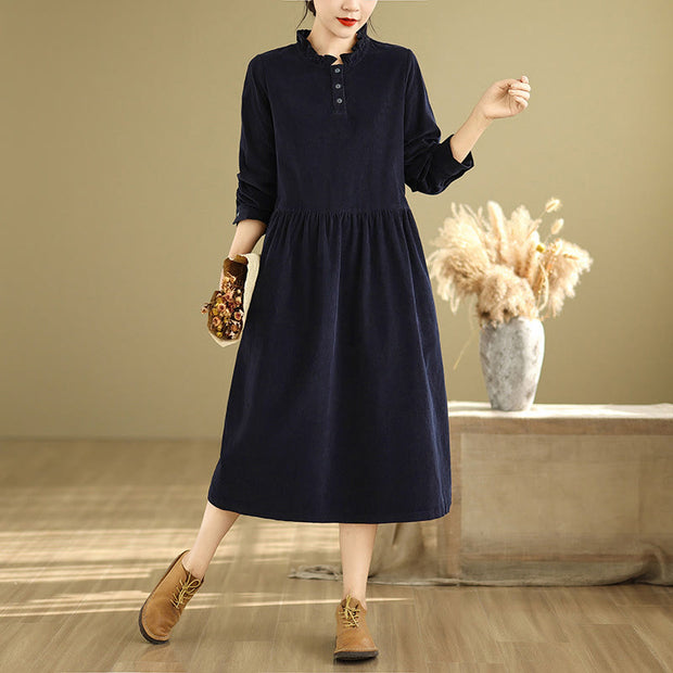Buddha Stones MidnightBlue Lace-Up Design Ruffled Crew Neck Cotton Corduroy Midi Dress With Pockets - image 2