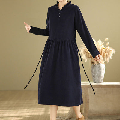 Buddha Stones MidnightBlue Lace-Up Design Ruffled Crew Neck Cotton Corduroy Midi Dress With Pockets - MidnightBlue - US12，UK/AU16，EU44 (2XL) - image 0
