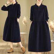 Buddha Stones MidnightBlue Lace-Up Design Ruffled Crew Neck Cotton Corduroy Midi Dress With Pockets - image 8