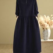 Buddha Stones MidnightBlue Lace-Up Design Ruffled Crew Neck Cotton Corduroy Midi Dress With Pockets - image 7
