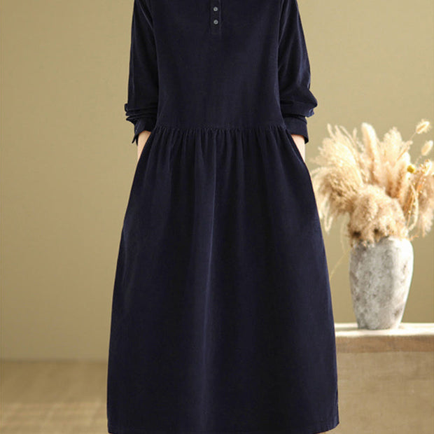 Buddha Stones MidnightBlue Lace-Up Design Ruffled Crew Neck Cotton Corduroy Midi Dress With Pockets - image 7