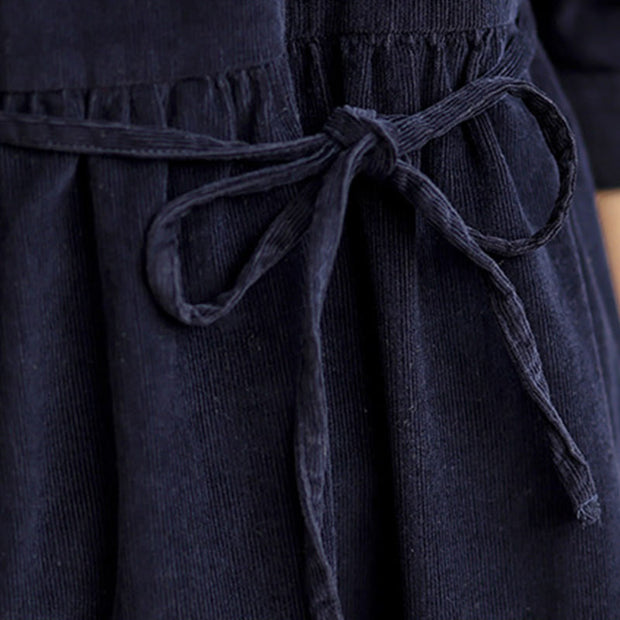 Buddha Stones MidnightBlue Lace-Up Design Ruffled Crew Neck Cotton Corduroy Midi Dress With Pockets - image 10