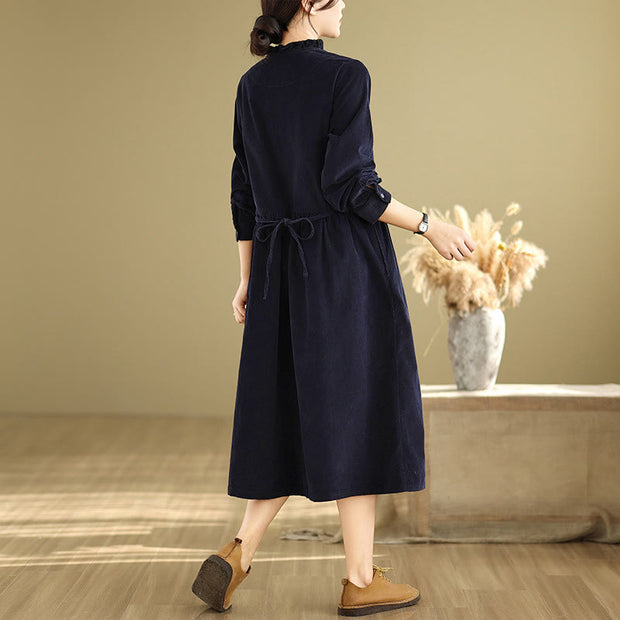 Buddha Stones MidnightBlue Lace-Up Design Ruffled Crew Neck Cotton Corduroy Midi Dress With Pockets - image 3