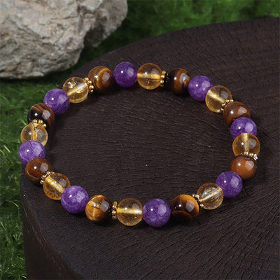 Buddha Stones Amethyst Tiger Eye Citrine Spacer Beads Healing Bracelet - Amethyst & Tiger Eye & Citrine (Wrist Circumference: 19-22cm) - image 0