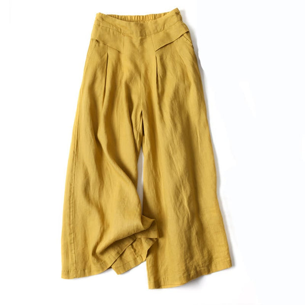 Buddha Stones Plain Color Cotton Linen High Waist Wide Leg Pants With Pockets - Yellow - US16，UK/AU20，EU48 (3XL) - image 0