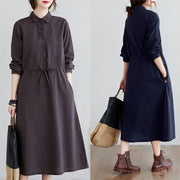 Buddha Stones Fall Solid Color Lace-Up Design Lapel Cotton Midi Dress With Pockets - image 19