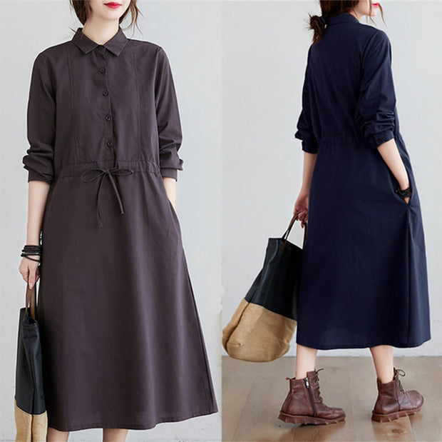 Buddha Stones Fall Solid Color Lace-Up Design Lapel Cotton Midi Dress With Pockets - image 19