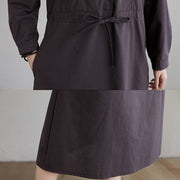 Buddha Stones Fall Solid Color Lace-Up Design Lapel Cotton Midi Dress With Pockets - image 17