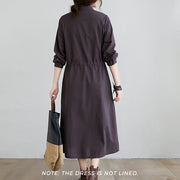 Buddha Stones Fall Solid Color Lace-Up Design Lapel Cotton Midi Dress With Pockets - image 6