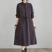 Buddha Stones Fall Solid Color Lace-Up Design Lapel Cotton Midi Dress With Pockets - RosyBrown - US8-10，UK/AU12-14，EU40-42 (2XL) - image 5