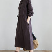 Buddha Stones Fall Solid Color Lace-Up Design Lapel Cotton Midi Dress With Pockets - image 11