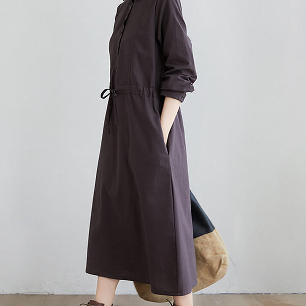 Buddha Stones Fall Solid Color Lace-Up Design Lapel Cotton Midi Dress With Pockets - image 11