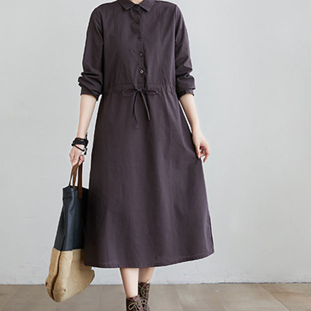 Buddha Stones Fall Solid Color Lace-Up Design Lapel Cotton Midi Dress With Pockets - image 9