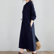 Buddha Stones Fall Solid Color Lace-Up Design Lapel Cotton Midi Dress With Pockets - image 3