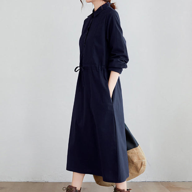 Buddha Stones Fall Solid Color Lace-Up Design Lapel Cotton Midi Dress With Pockets - image 3