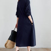 Buddha Stones Fall Solid Color Lace-Up Design Lapel Cotton Midi Dress With Pockets - image 4