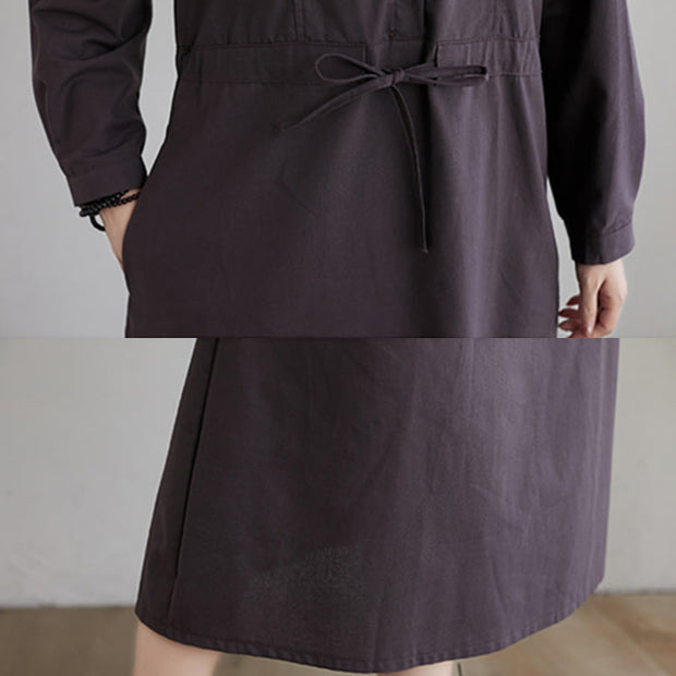 Buddha Stones Fall Solid Color Lace-Up Design Lapel Cotton Midi Dress With Pockets - image 17