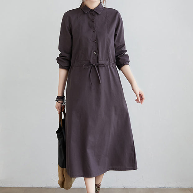 Buddha Stones Fall Solid Color Lace-Up Design Lapel Cotton Midi Dress With Pockets - image 7