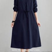Buddha Stones Fall Solid Color Lace-Up Design Lapel Cotton Midi Dress With Pockets - image 1