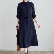 Buddha Stones Fall Solid Color Lace-Up Design Lapel Cotton Midi Dress With Pockets - MidnightBlue - US8-10，UK/AU12-14，EU40-42 (2XL) - image 0