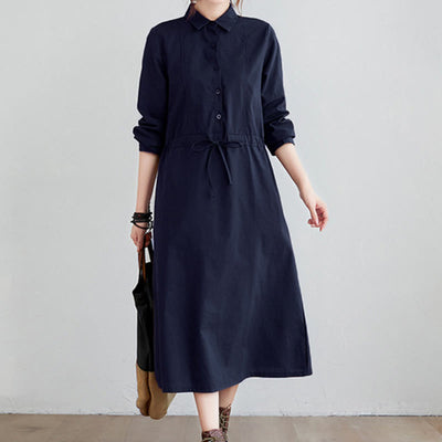 Buddha Stones Fall Solid Color Lace-Up Design Lapel Cotton Midi Dress With Pockets - MidnightBlue - US8-10，UK/AU12-14，EU40-42 (2XL) - image 0