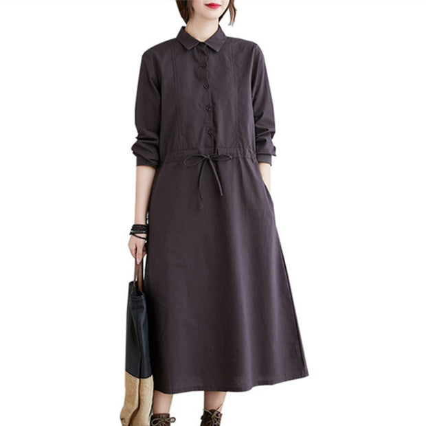 Buddha Stones Fall Solid Color Lace-Up Design Lapel Cotton Midi Dress With Pockets - image 18