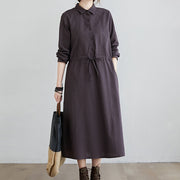 Buddha Stones Fall Solid Color Lace-Up Design Lapel Cotton Midi Dress With Pockets - image 8