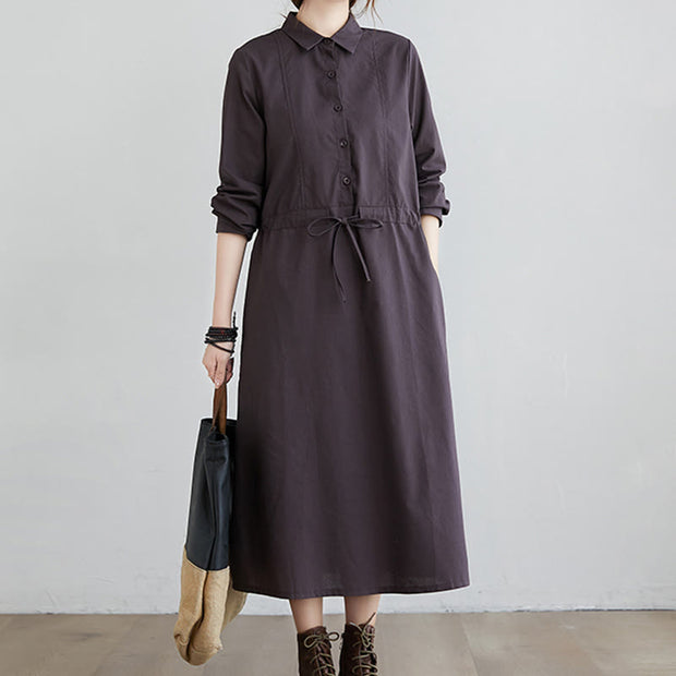 Buddha Stones Fall Solid Color Lace-Up Design Lapel Cotton Midi Dress With Pockets - image 8