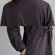 Buddha Stones Fall Solid Color Lace-Up Design Lapel Cotton Midi Dress With Pockets - image 16