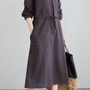 Buddha Stones Fall Solid Color Lace-Up Design Lapel Cotton Midi Dress With Pockets - image 12