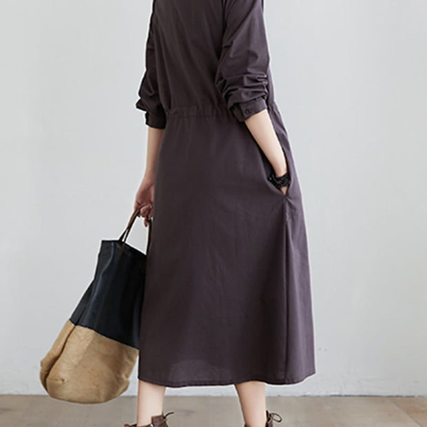 Buddha Stones Fall Solid Color Lace-Up Design Lapel Cotton Midi Dress With Pockets - image 13