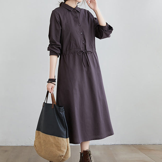 Buddha Stones Fall Solid Color Lace-Up Design Lapel Cotton Midi Dress With Pockets - image 10