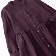 Buddha Stones Fall DarkMagenta V-Neck Buttons Design Cotton Long Sleeve Midi Dress - image 2