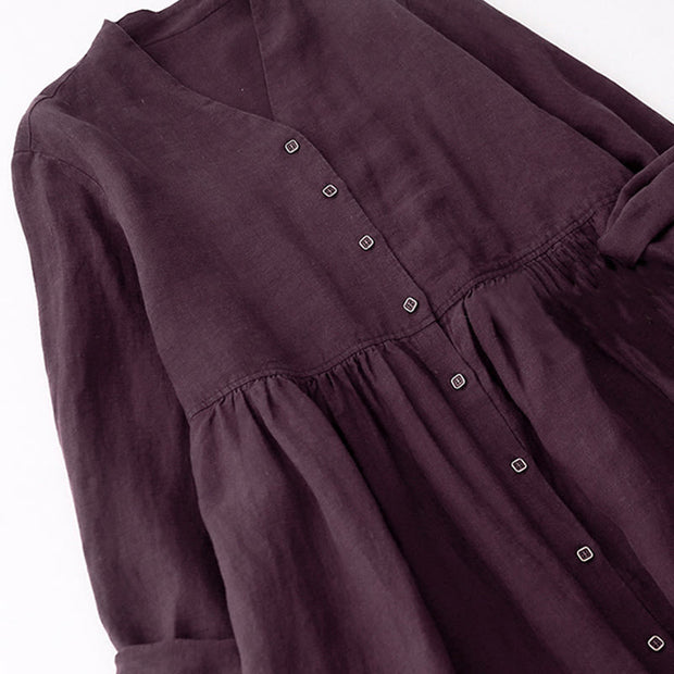 Buddha Stones Fall DarkMagenta V-Neck Buttons Design Cotton Long Sleeve Midi Dress - image 2