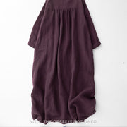 Buddha Stones Fall DarkMagenta V-Neck Buttons Design Cotton Long Sleeve Midi Dress - image 1