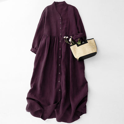 Buddha Stones Fall DarkMagenta V-Neck Buttons Design Cotton Long Sleeve Midi Dress - DarkMagenta - US14，UK/AU18，EU46 (2XL) - image 0
