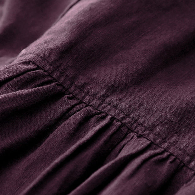 Buddha Stones Fall DarkMagenta V-Neck Buttons Design Cotton Long Sleeve Midi Dress - image 6