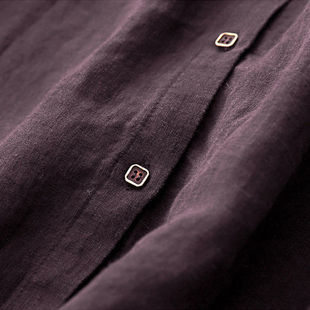 Buddha Stones Fall DarkMagenta V-Neck Buttons Design Cotton Long Sleeve Midi Dress - image 4