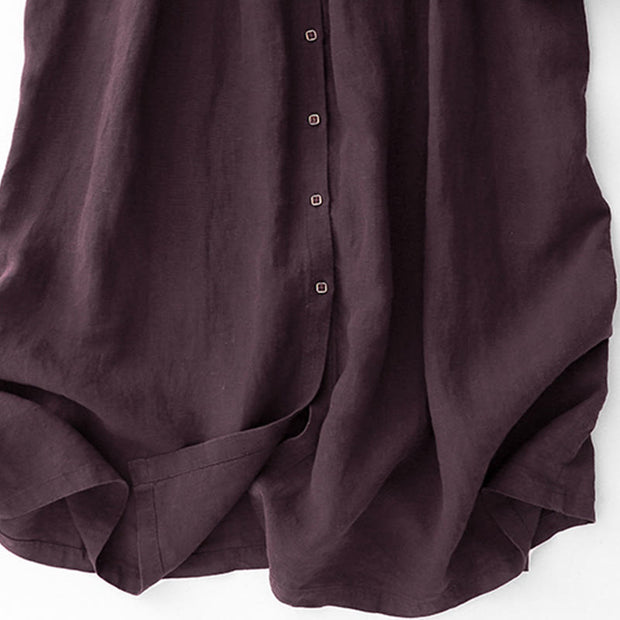 Buddha Stones Fall DarkMagenta V-Neck Buttons Design Cotton Long Sleeve Midi Dress - image 8
