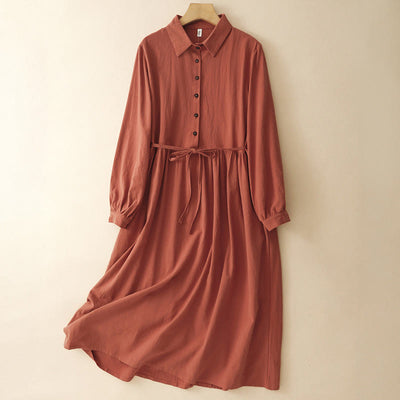 Buddha Stones Fall Lapel Buttons Lace-Up Design Cotton Long Sleeve Midi Dress With Pockets - OrangeRed - US14，UK/AU18，EU46 (2XL) - image 0