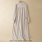 Buddha Stones Pure Color Stand Collar Double-breasted Buttons Design Cotton Long Sleeve Midi Dress - image 1