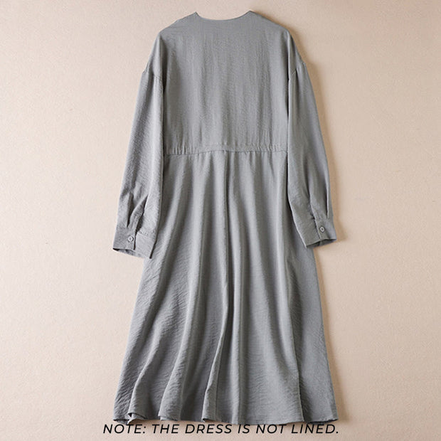Buddha Stones Pure Color Notched Collar Drawstring Cotton Long Sleeve Midi Dress With Pockets - image 8