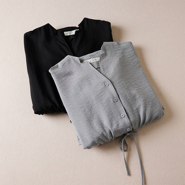 Buddha Stones Pure Color Notched Collar Drawstring Cotton Long Sleeve Midi Dress With Pockets - image 15