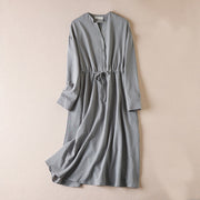 Buddha Stones Pure Color Notched Collar Drawstring Cotton Long Sleeve Midi Dress With Pockets - DarkGray - US8-10，UK/AU12-14，EU40-42 (2XL) - image 7