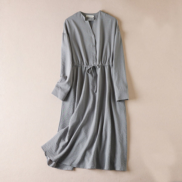 Buddha Stones Pure Color Notched Collar Drawstring Cotton Long Sleeve Midi Dress With Pockets - DarkGray - US8-10，UK/AU12-14，EU40-42 (2XL) - image 7