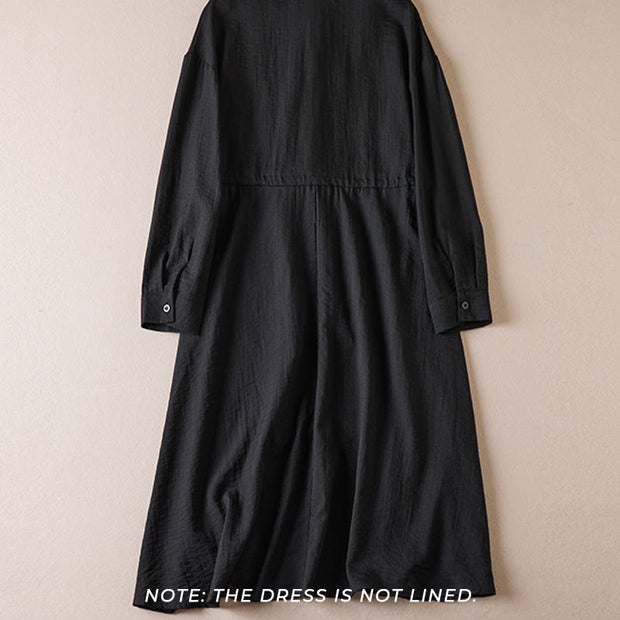 Buddha Stones Pure Color Notched Collar Drawstring Cotton Long Sleeve Midi Dress With Pockets - image 1
