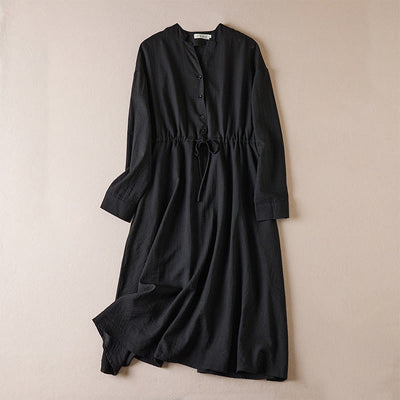 Buddha Stones Pure Color Notched Collar Drawstring Cotton Long Sleeve Midi Dress With Pockets - Black - US8-10，UK/AU12-14，EU40-42 (2XL) - image 0