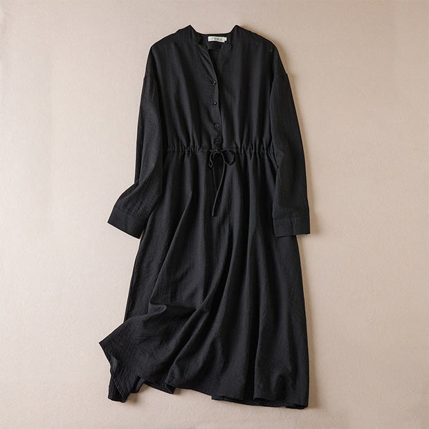 Buddha Stones Pure Color Notched Collar Drawstring Cotton Long Sleeve Midi Dress With Pockets - Black - US8-10，UK/AU12-14，EU40-42 (2XL) - image 0