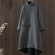 Buddha Stones Pure Color Irregular Design Cotton Turtleneck Long Sleeve Midi Dress With Pocket - SlateGray - US8-10，UK/AU12-14，EU40-42 (2XL) - image 7