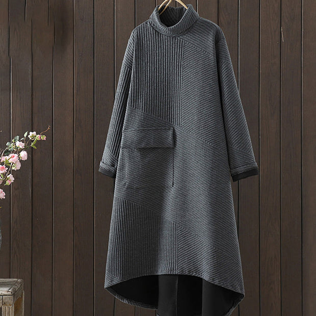 Buddha Stones Pure Color Irregular Design Cotton Turtleneck Long Sleeve Midi Dress With Pocket - SlateGray - US8-10，UK/AU12-14，EU40-42 (2XL) - image 7